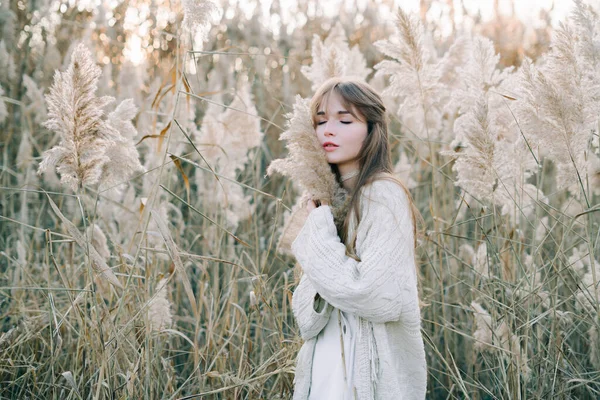 Portrait Young Beautiful Girl White Dress Warm Knitted Cardigan Black — Stock Photo, Image