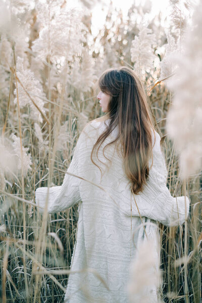 Portrait of a young beautiful girl in a white dress, a warm knitted cardigan and black shoes among dry fluffy reeds