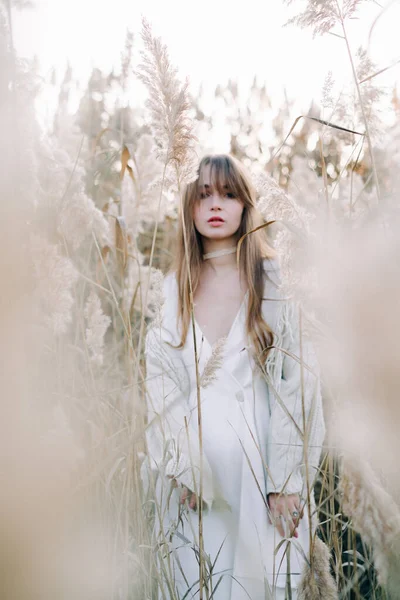 Portrait of a young beautiful girl in a white dress, a warm knitted cardigan and black shoes among dry fluffy reeds in the autumn time at sunset.nature,fashion concept — Stock Photo, Image