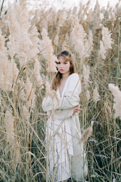 Portrait Young Beautiful Girl White Dress Warm Knitted Cardigan Black — Stock Photo, Image
