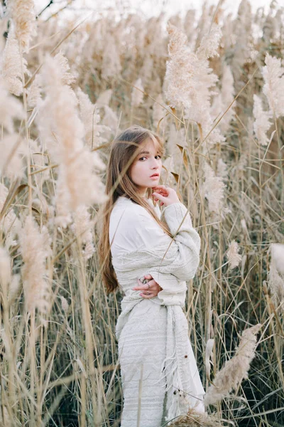 Portrait Young Beautiful Girl White Dress Warm Knitted Cardigan Black — Stock Photo, Image