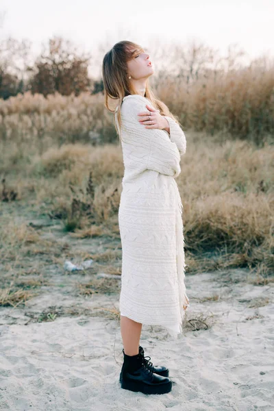 Portrait Young Girl White Dress Warm Knitted Cardigan Black Shoes — Stock Photo, Image