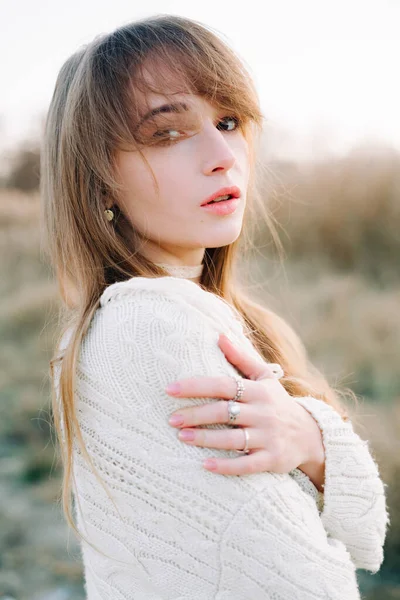 Portrait Young Girl White Dress Warm Knitted Cardigan Black Shoes — Stock Photo, Image