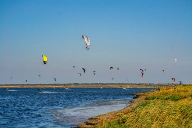 Gökyüzünde renkli uçurtma sörfü paraşütleri. Kitesurfing, Kiteboard, Kiteboardlar yarışma konsepti. Uçurtmacılar kumsala yakın güneşli bir yaz gününde rüzgarda sörf yapıyorlar.
