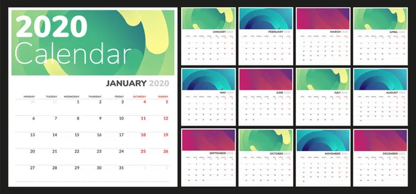 Calendario 2020 Lunes Inicio Plantilla Calendario Colorido — Vector de stock