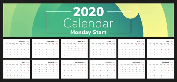 Diseño Del Calendario 2020 Lunes Inicio Plantilla Calendario Profesional — Vector de stock