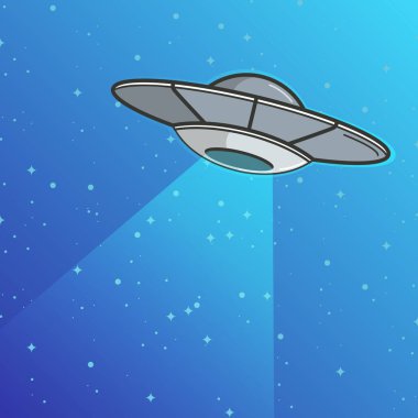 Uzay arka planında ışık uçuşan Ufo. Vektör çizimi. Gelecekteki bilinmeyen uçan nesne. Gradyan arkaplanda izole edilmiş