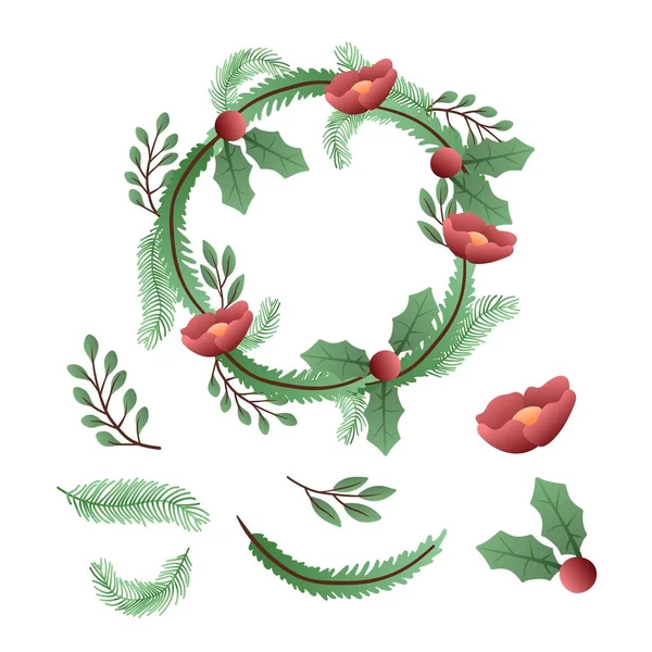 Vintage Merry Christmas Flowers and Wreath stock illustration Collection - happy Merry Christmas wreath with red ribbon and bow - Merry Christmas holly berry wreath