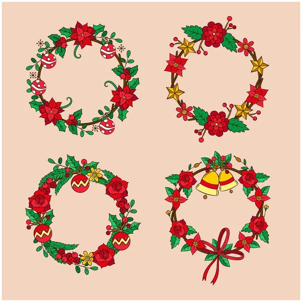Vintage Merry Christmas Flowers and Wreath stock illustration Collection - happy Merry Christmas wreath with red ribbon and bow - Merry Christmas holly berry wreath