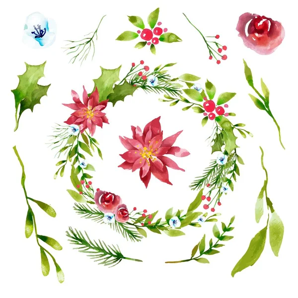 Vintage Merry Christmas Flowers and Wreath stock illustration Collection - happy Merry Christmas wreath with red ribbon and bow - Merry Christmas holly berry wreath