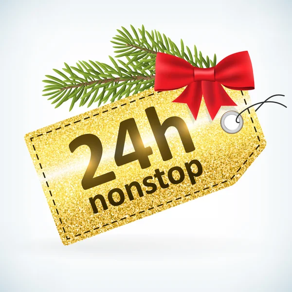 Natale oro glitter 24h aperto non stop etichetta — Vettoriale Stock