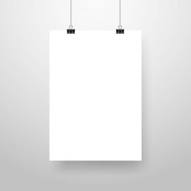 Mock-Up gerçekçi beyaz Poster asılı. Boş beyaz vektör Poster şablonu.