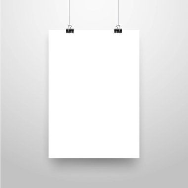 Mock-Up gerçekçi beyaz Poster asılı. Boş beyaz vektör Poster şablonu.