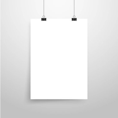 Mock-Up gerçekçi beyaz Poster asılı. Boş beyaz vektör Poster şablonu.
