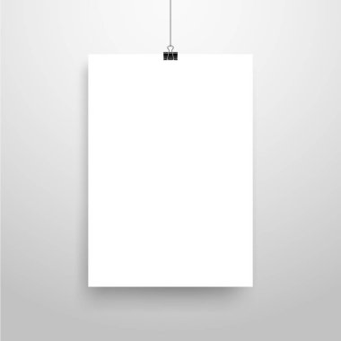 Mock-Up gerçekçi beyaz Poster asılı. Boş beyaz vektör Poster şablonu.