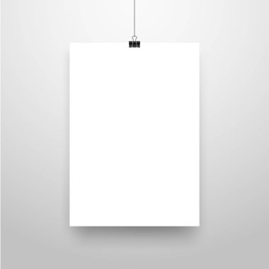 Mock-Up gerçekçi beyaz Poster asılı. Boş beyaz vektör Poster şablonu.