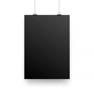 Mock-Up gerçekçi siyah Poster asılı. Boş beyaz vektör Poster şablonu.