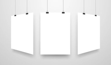 Mock-Up gerçekçi beyaz Poster asılı. Boş beyaz vektör Poster şablonu.