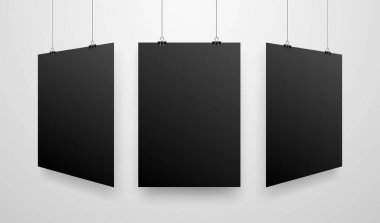 Mock-Up gerçekçi siyah Poster asılı. Boş beyaz vektör Poster şablonu.