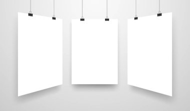 Mock-Up gerçekçi beyaz Poster asılı. Boş beyaz vektör Poster şablonu.
