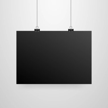 Mock-Up gerçekçi siyah Poster asılı. Boş beyaz vektör Poster şablonu.