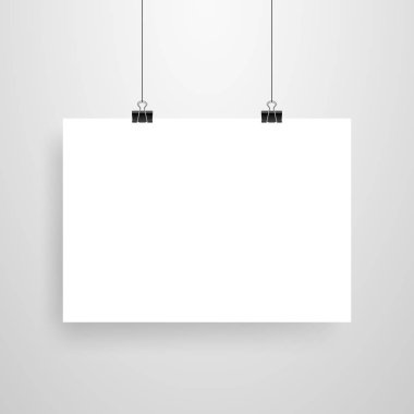 Mock-Up gerçekçi beyaz Poster asılı. Boş beyaz vektör Poster şablonu.