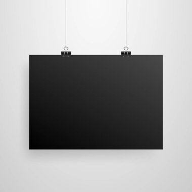 Mock-Up gerçekçi siyah Poster asılı. Boş beyaz vektör Poster şablonu.