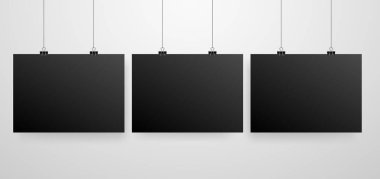 Mock-Up gerçekçi siyah Poster asılı. Boş beyaz vektör Poster şablonu.