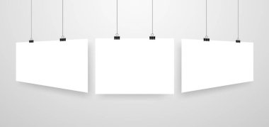 Mock-Up gerçekçi beyaz Poster asılı. Boş beyaz vektör Poster şablonu.