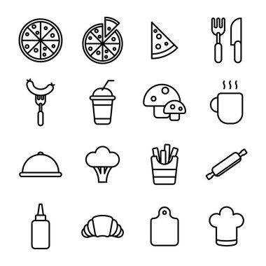 İtalyan pizza Icons set. Minimalist pizza pişirme ilgili simgesini içeren pizza dilimi, mantar, sosis, ekmek.