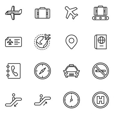 Havaalanı vektör simgeler. Uçak, uçak, taksi, yolcu, bavul simgesi, Müfettiş, Bilet, uçak, mobil kontrol, bavul, Bagaj almak gibi simgeleri içerir