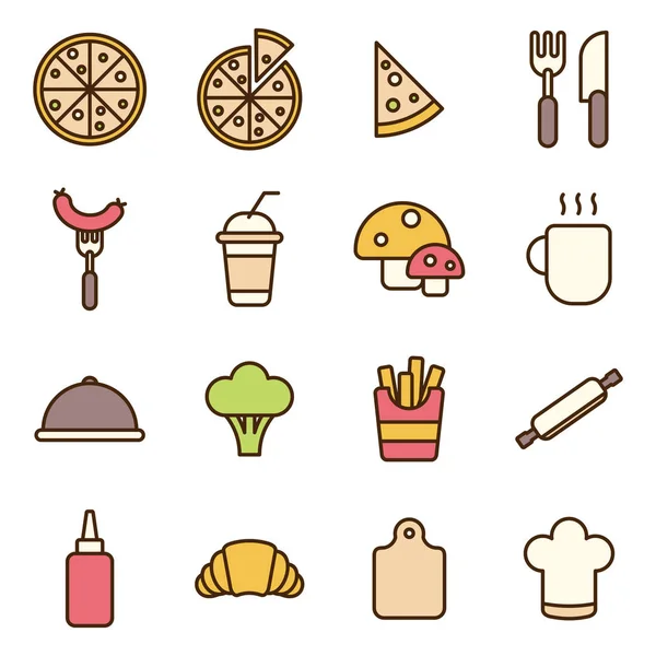 İtalyan pizza Icons set. Minimalist pizza pişirme ilgili simgesini içeren pizza dilimi, mantar, sosis, ekmek.
