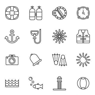 Tüplü dalış ve su faaliyetleri simgeler. Balık avı malzemeleri, maske tüp, palet, yüzme takımı.