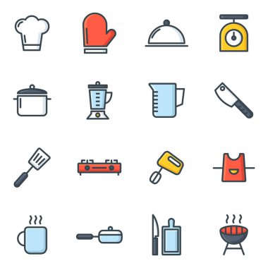 Yemek ve mutfak simgeler. Çeşitli mutfak eşyaları featuring ve ilişkili nesneleri pişirme temiz çizgi simgeler kümesi