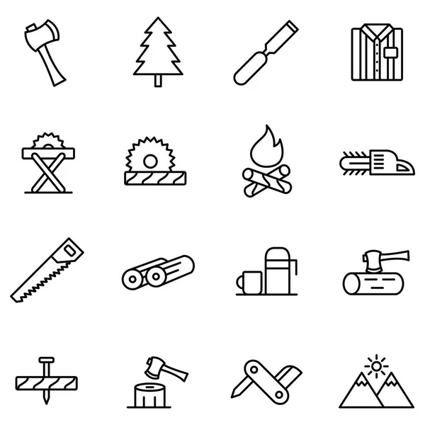 Oduncu ve oduncu Icon set. Satır simgeler kareler, kereste, günlük kamyon, ağaç hasat, kereste günlüğü, oduncu, vb.