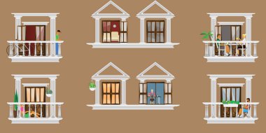 Pencereleri ve balkonları olan evin ön cephesi. Dairelerin içindeyken. İzole edilmiş insanlarla.