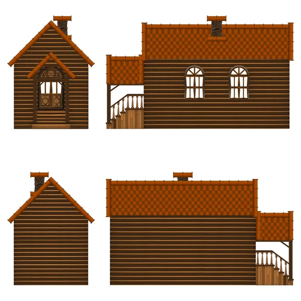 Model Malého Dřevěného Domku Okny Verandou Čtyřech Stranách Rohu — Stock fotografie