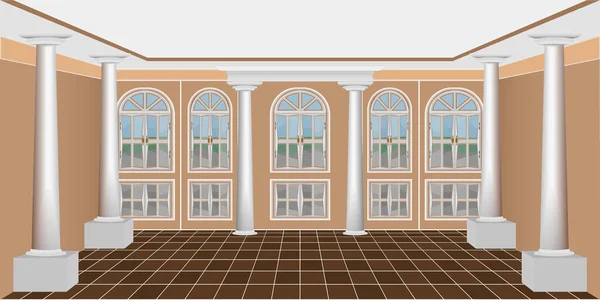 大きな窓と家具のない柱のある広々としたリビングルームのインテリア — ストック写真