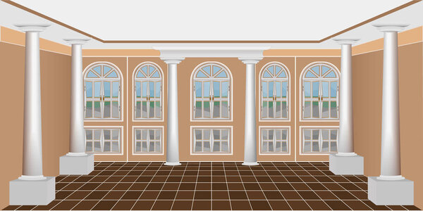 интерьер просторной гостиной с большими окнами и немеблированными колоннами