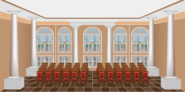 明るいリビングルームや椅子と大きな窓のあるコンサートホールのインテリア — ストック写真