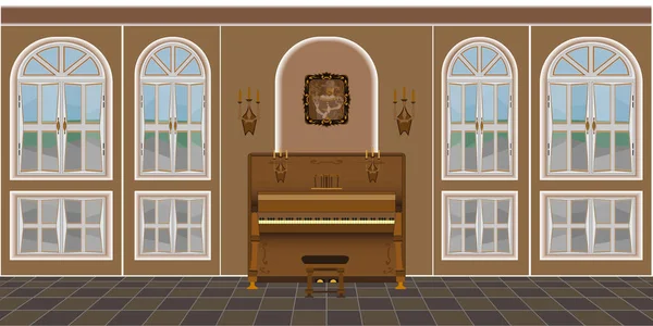 Σαλόνι Εσωτερικό Μεγάλα Παράθυρα Και Πιάνο Εσωτερικό Του Παλιού Σαλονιού — Φωτογραφία Αρχείου