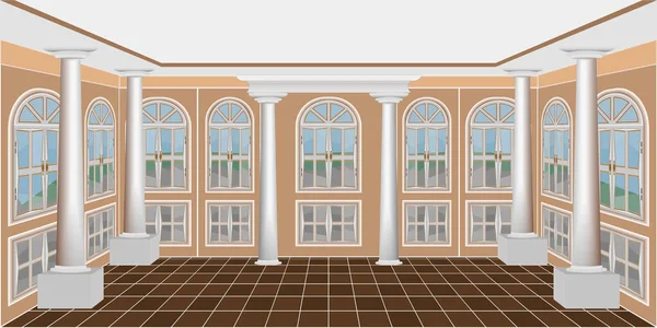 geniş pencere ve sütunları olan büyük bir oda şeklinde arkaplan