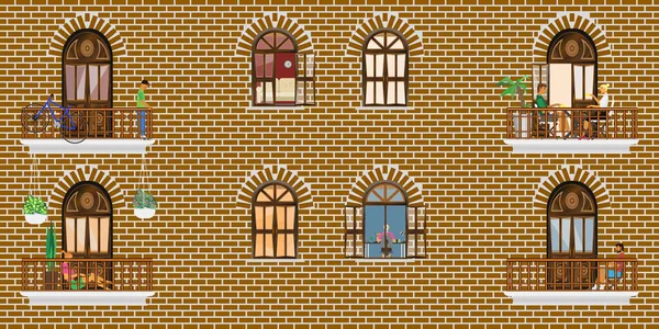 Fasada Domu Wykonana Jest Cegły Oknami Balkonami Wnętrza Apartamentach Ludźmi — Zdjęcie stockowe