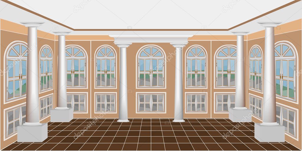background in the form of a large room with large windows and columns