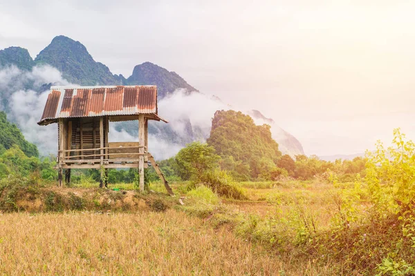 Cottage or hut with mountain in Vang Vieng, Laos — Stock Photo, Image