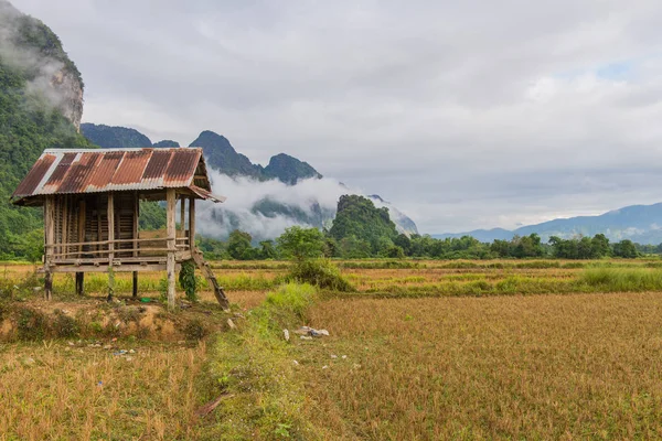 Cottage or hut with mountain in Vang Vieng, Laos — Stock Photo, Image