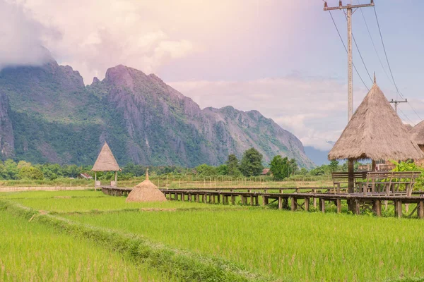 Cottage or hut with mountain in Vang Vieng, Laos — Stock Photo, Image