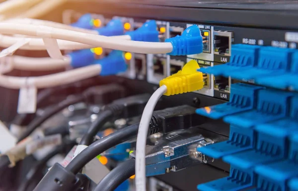 Lan cable connect to network switch for internet or ethernet — Stock Photo, Image