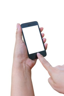 El ve dokunmatik akıllı telefon üzerinde beyaz bac izole etmek