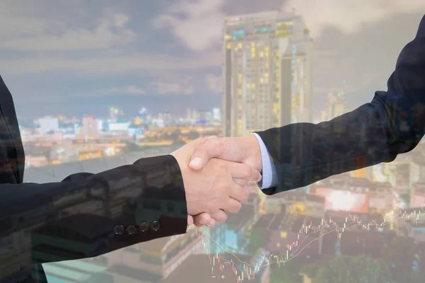 Business handshake with city background, Double exposure style — Stock Photo, Image